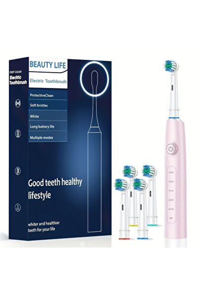 Choice فرشاة أسنان كهربائية دوارة وردية اللون مزودة بأربعة فرش لتنظيف عميق وتبييض الأسنان للبالغين، تعمل بالموجات فوق الصوتية