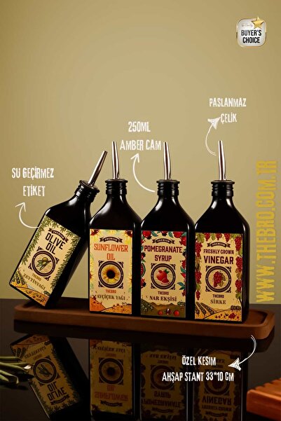TheBRo 250ml Carmen Series Olive Oil, Sunflower Oil, Pomegranate Syrup, Vinegar Bottle Set with Wooden Stand