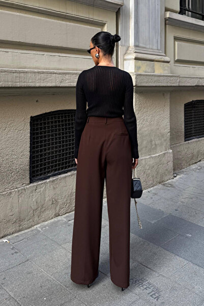 Ortaya Çık Brown Double Pleated Palazzo Trousers