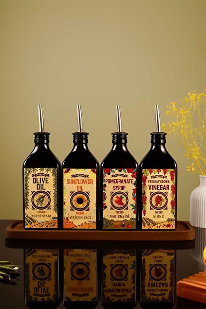 TheBRo 250ml Carmen Series Olive Oil, Sunflower Oil, Pomegranate Syrup, Vinegar Bottle Set with Wooden Stand