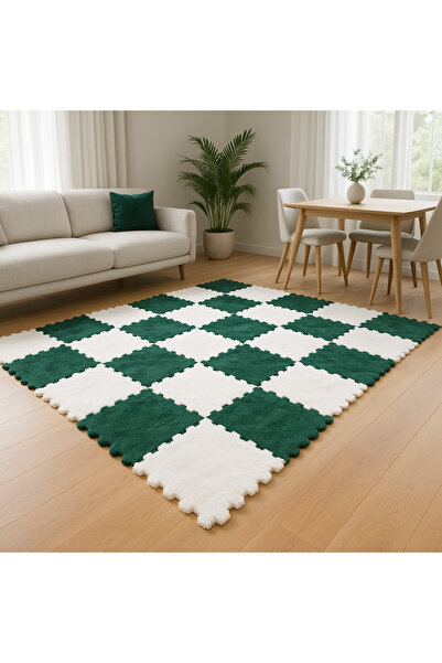 DECOZEYN Yeşil Beyaz Renk Peluş Taraftar Halısı Yapboz puzzle halı Japonhalı