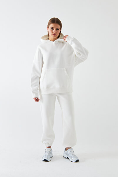 The Champ Clothing Σετ αθλητικών φούτερ Unisex Oversize Λευκό – Basic, 3-κλωνο ριγέ φλις; Φούτερ με κουκούλα, ελαστικό κάτω μέρος