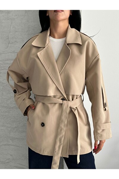ParlaMira Kadın Bej Mid %100 Pamuk Gabardin Rüzgarlık Detaylı Düğmeli Astarlı Premium Trençkot