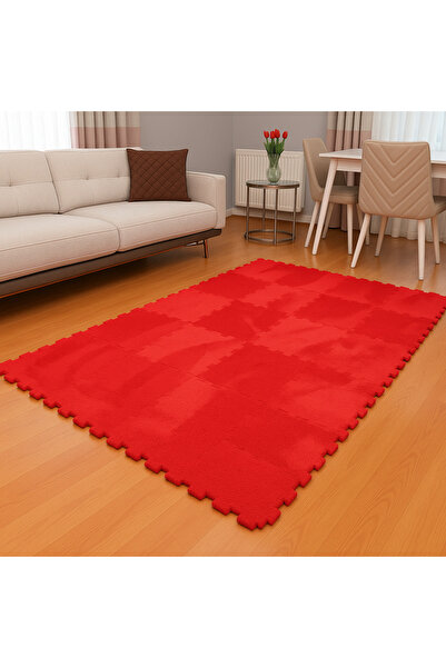 DECOZEYN Kırmızı Renk Peluş Kreş Halısı Anaokulu puzzle halı Japonhalı