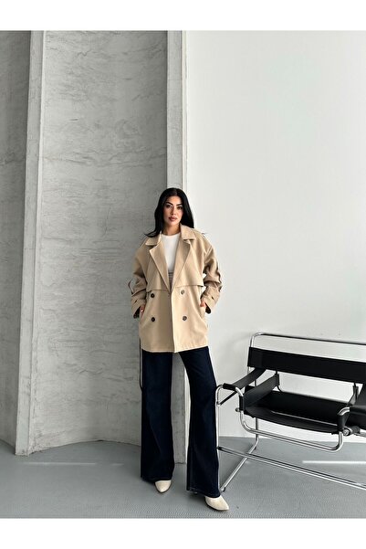 ParlaMira Kadın Bej Mid %100 Pamuk Gabardin Rüzgarlık Detaylı Düğmeli Astarlı Premium Trençkot