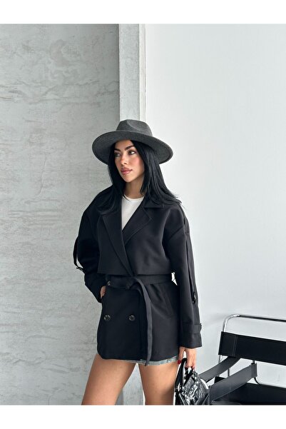 ParlaMira Women's Black Mid 100% Cotton Gabardine Windbreaker Detailed Buttoned Lined Premium Trench Coat