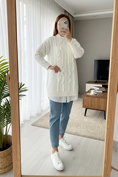 MODAQU Ruffle Detailed Soft Sweater Tunic 8770 - White