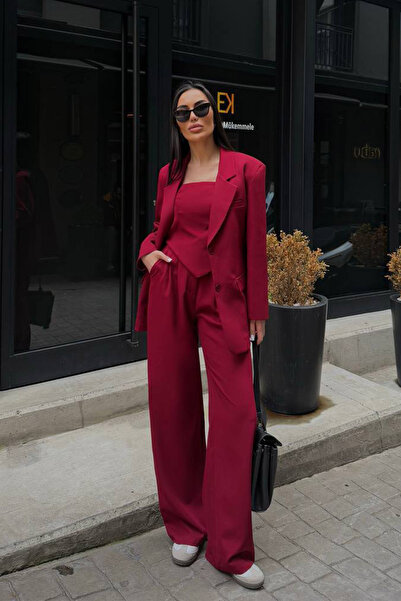 Ortaya Çık Burgundy Blazer Jacket Blouse Palazzo Pants 3 Piece Suit