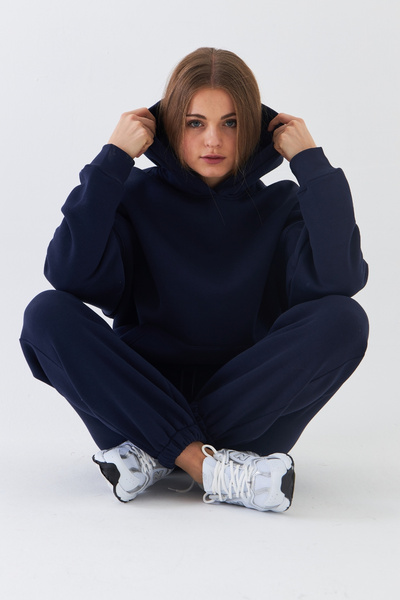 The Champ Clothing Σετ αθλητικής φόρμας Oversize Unisex Navy Blue – Basic, 3 Thread Fleece; Φούτερ με κουκούλα, ελαστικό κάτω μέρος