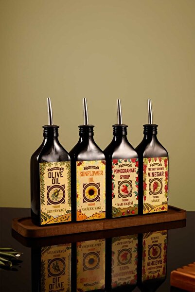 TheBRo 250ml Carmen Series Olive Oil, Sunflower Oil, Pomegranate Syrup, Vinegar Bottle Set with Wooden Stand