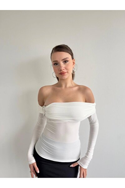 MYCPARL Λευκή μπλούζα με μακρύ μανίκι με λεπτομέρεια με αγκράφα με λαιμόκοψη Madonna Φθινοπωρινή Ανοιξιάτικη μπλούζα Sandy