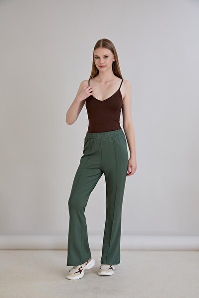 Sortie Women's Ribbed Elastic Waist Wide Leg Khaki Trousers