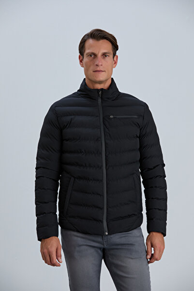 PIQUE Ανδρικό μαύρο παλτό Παλτό με φερμουάρ με φουσκωτό επένδυση