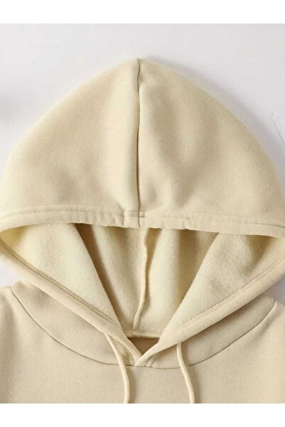 caddekombin Güneş Ay Gezegen Baskılı Kapüşonlu Cepli Pamuklu Bej Sweatshirt