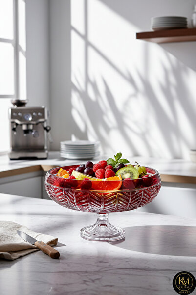 Kristal Market 28cm Kesme Kristal Paris Dekor Kırmızı Ayaklı Kase Milas Desen