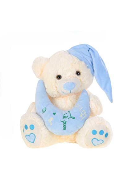 hak-iş oyuncak Mavi Şapkalı ve Ay Yastıklı Peluş Ayıcık – 35 cm