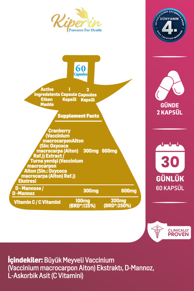 Kiperin Cranberry, D-mannoz, C Vitamin - Idrar Yolu Sağlığı (60Kapsül & 1400mg)