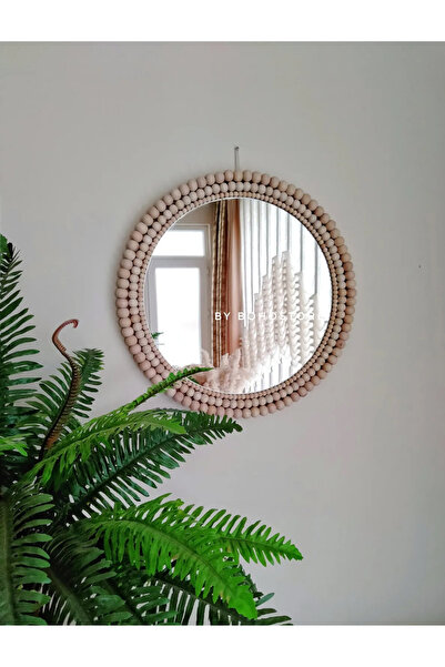 GLSTN By Bohostore Büyük Boy Ahşap Boncuklu Konsol Ayna 70cm & Yuvarlak Dekor...