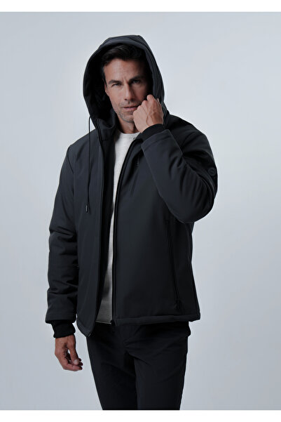 PIQUE Ανδρικό μαύρο παλτό με λεπτομέρεια εκτύπωσης, καπιτονέ επένδυση, SoftShell παλτό & μπουφάν