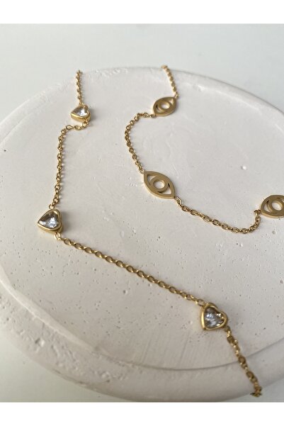 BusradanDesign Eye and Zircon Stone Detail Double Steel Anklet