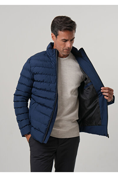 PIQUE Ανδρικό παλτό Navy Blue Ανδρικό παλτό με επένδυση ψηλός λαιμός