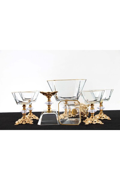 PLT Design 7 Pieces Large Size Salad - Gold Detailed Glass Magnolia Ice Cream Rack