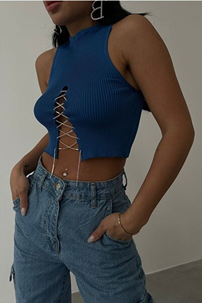 lovebox Μπλε Crop Tank Top - Chain Laced, Low Cut, Στρογγυλή λαιμόκοψη 23s15003