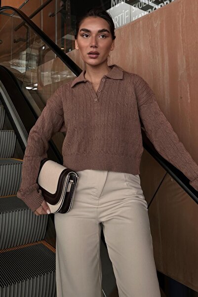 Madmext Vizon Saç Örgülü Polo Yaka Kadın Kazak Mg2310