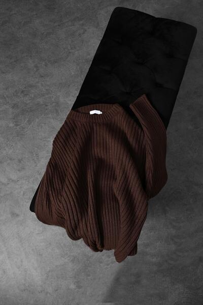 Slatra Мъжки кафяв дебел пуловер с ребра от вълнена смес с голям размер и велосипедна яка