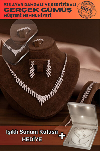 OSMANLI GÜMÜŞ Kadın Gümüş Takı Seti - Nigar Zirkon Taşlı Yaprak Kolye Bilekli...