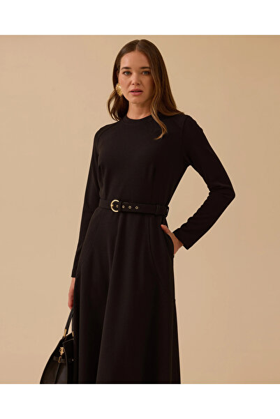 SEÇİL Kemer Detaylı Uzun Kollu Midi Elbise