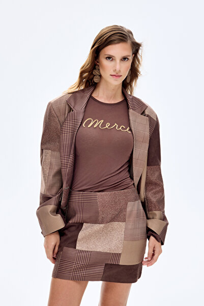 Quzu Patchwork Mini Etek Kahverengi