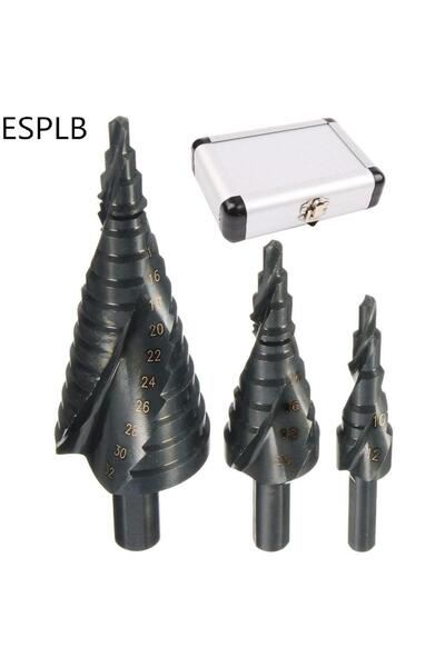 Choice 3 قطع مع صندوق ESPLB 3 قطع مثقاب متدرج من أزرق بلون الكوبالت عالي السرعة من الفولاذ عالي السرعة 4-32 مم مثلث حلزوني من النيتروجين