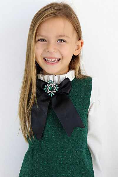 Parla Kids Kız Çocuk Zümrüt Yeşil Vanessa Broş Detaylı Tüvit Uzun Kollu Yılbaşı Elbisesi