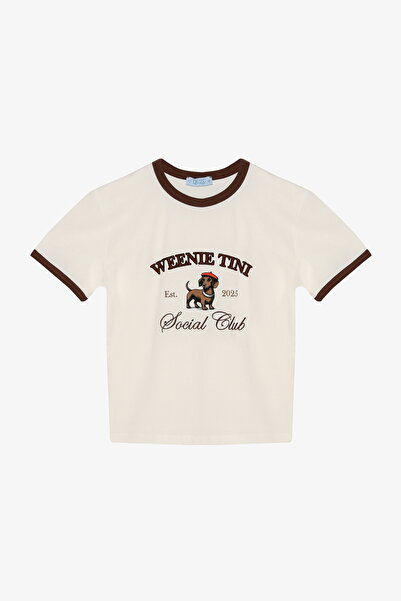 Quzu Contrast Piping Text Printed T-Shirt Ecru