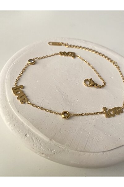 BusradanDesign Love Script and Zircon Stone Detail Steel Anklet