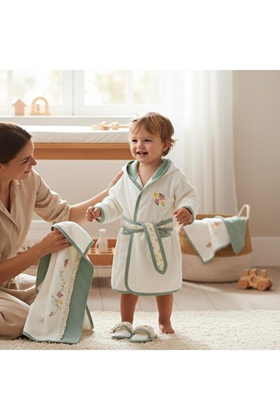 ALTINTAŞ BABY Flower Embroidered Gaye Baby Towel Bathrobe Set Organic **** Ba...