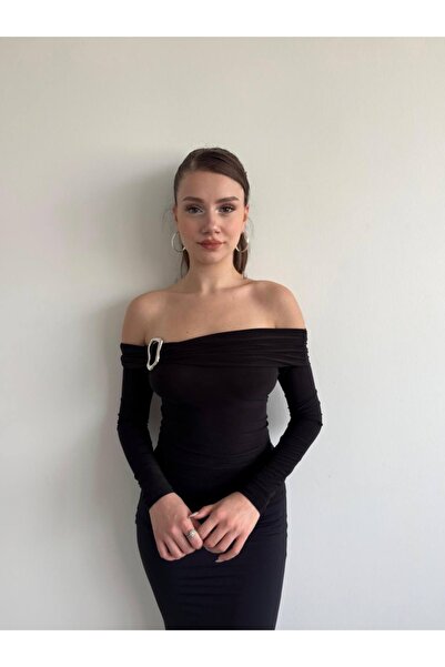 MYCPARL Bluză neagră cu mânecă lungă, cu detaliu cu cataramă, cu guler Madonn...