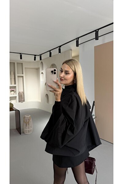 Sezgi Tekin Fermuarlı Siyah Pelerin Trenç