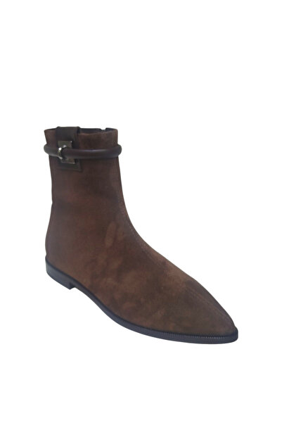 DRY SHOES Hakiki Deri Kahve Süet Kadın Bot Ayakkabı Sivri Burun Düz Taban Fermuarlı Bilekten Bantlı DRY-2111