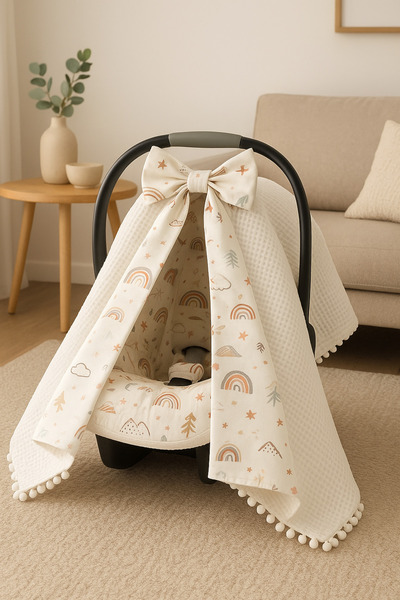 Azra design TEK Puset Örtüsü %100 Pamuk Çift Katlı Gökkuşağı Müslin ve Beyaz Pike Kumaştan Fiyonklu