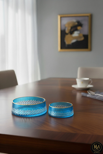 Kristal Market وعاء أدوات مائدة من قطعتين بتفاصيل ذهبية من كريستال كريستال