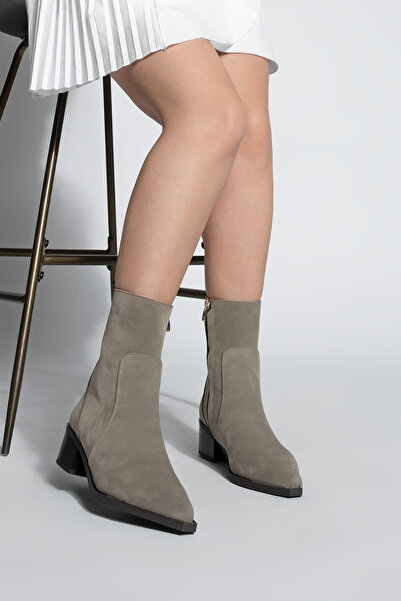 Marjin Women's Pointed Toe Gold Detailed Heeled Boots Kenor Mink Suede
