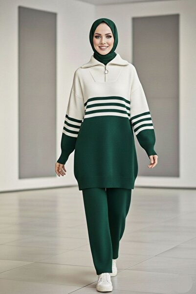 Mercan AYDA TAKIM Triko Tesettür Giyim Kışlık Rahat Kalıp Çizgili Alt Üst İkili Takım Yeşil