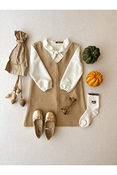 KÜÇÜĞÜM BUTİK Κοριτσίστικο χειμωνιάτικο φόρεμα με λαιμόκοψη σε μπεζ σφραγίδα