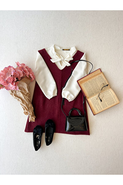 KÜÇÜĞÜM BUTİK Χειμερινό φόρεμα με λαιμόκοψη σε V λαιμόκοψη για κορίτσια μπορντό