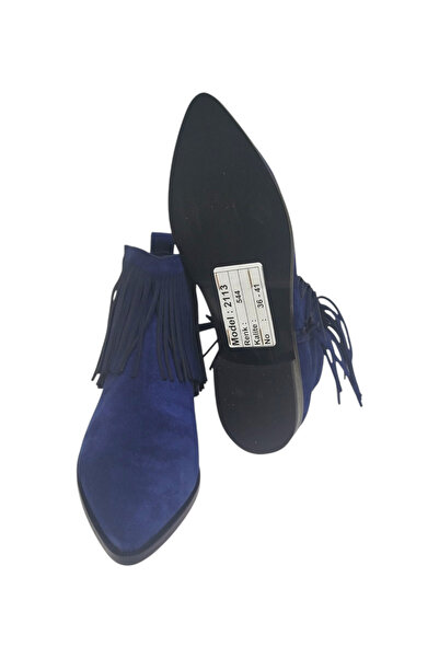 DRY SHOES Hakiki Deri Mavi Kadın Bot Ayakkabı Sivri Burun Düz Taban Fermuarlı Püsküllü Bilekte DRY-2113