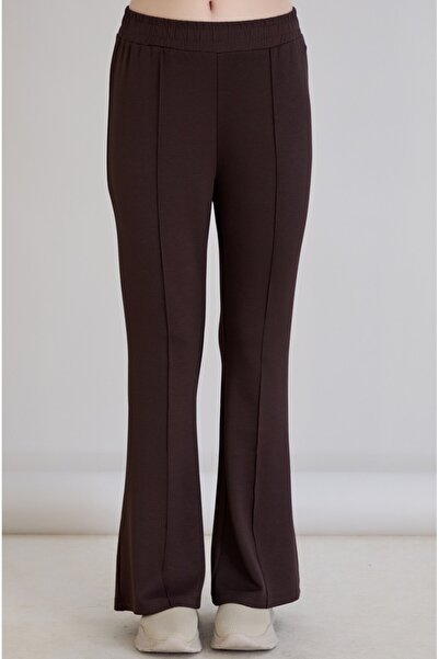 Sortie Women's Ribbed Elastic Waist Wide Leg Brown Trousers