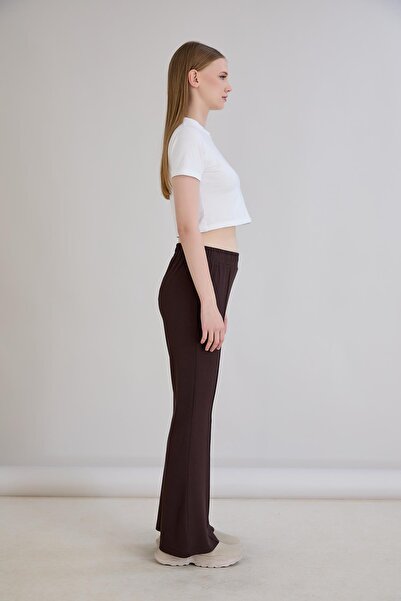 Sortie Women's Ribbed Elastic Waist Wide Leg Brown Trousers