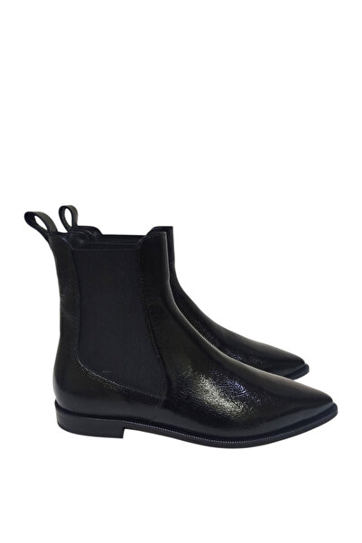 DRY SHOES Hakiki Deri Siyah Rugan Kadın Bot Ayakkabı Sivri Burun Düz Taban Yandan Lastikli DRY-2112